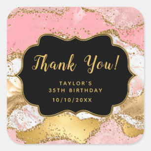 Gold and Pink Sequins Agate Birthday Thank You Square Sticker
