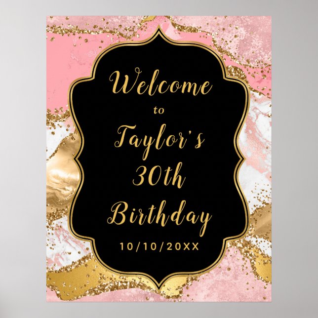 Gold and Pink Sequins Agate Birthday Welcome Poster (Front)