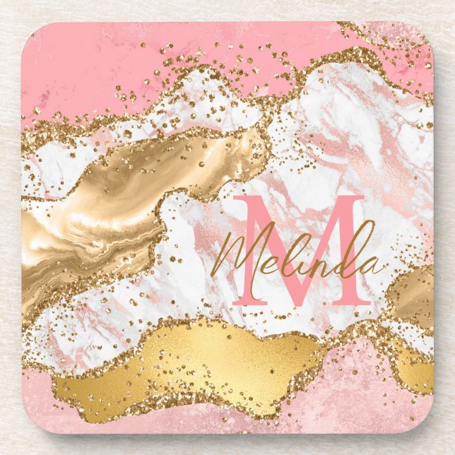 Gold and Pink Sequins Agate Coaster (Front)