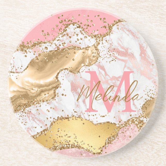 Gold and Pink Sequins Agate Coaster (Front)