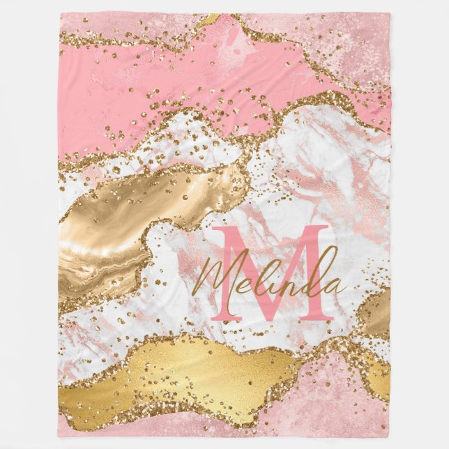 Gold and Pink Sequins Agate Fleece Blanket (Front)