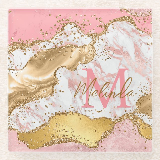 Gold and Pink Sequins Agate Glass Coaster (Front)