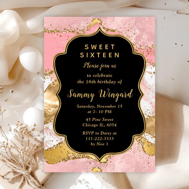 Gold and Pink Sequins Agate Sweet Sixteen Invitation (Creator Uploaded)