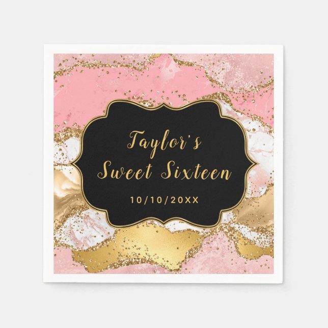 Gold and Pink Sequins Agate Sweet Sixteen Napkin (Front)