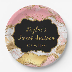 Gold and Pink Sequins Agate Sweet Sixteen Paper Plate