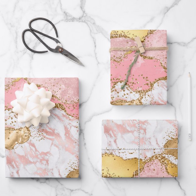 Gold and Pink Sequins Agate Wrapping Paper Sheet (Front)