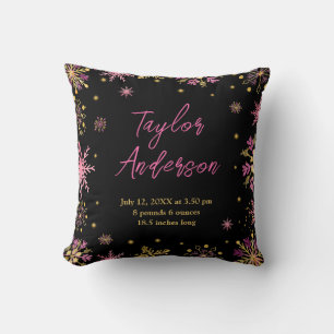 Gold and Pink Snowflakes Birth Stats Cushion