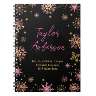 Gold and Pink Snowflakes Birth Stats Notebook