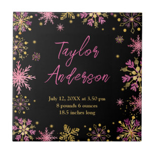 Gold and Pink Snowflakes Birth Stats Tile