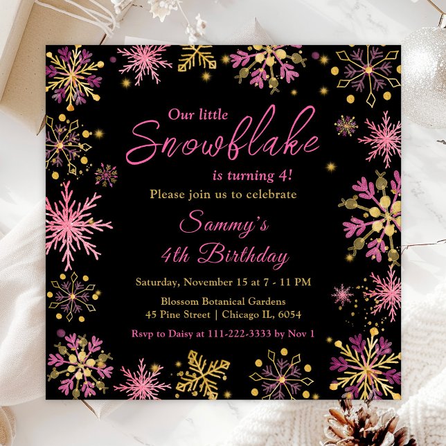 Gold and Pink Snowflakes Birthday Party Invitation (Creator Uploaded)