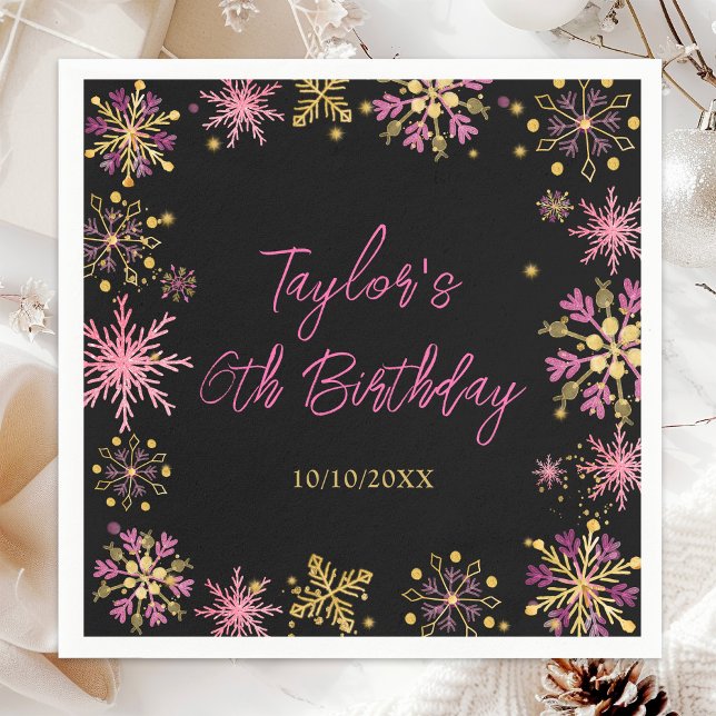 Gold and Pink Snowflakes Birthday Party Napkin (Creator Uploaded)