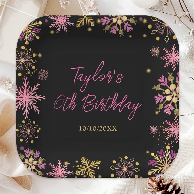 Gold and Pink Snowflakes Birthday Party Paper Plate (Creator Uploaded)
