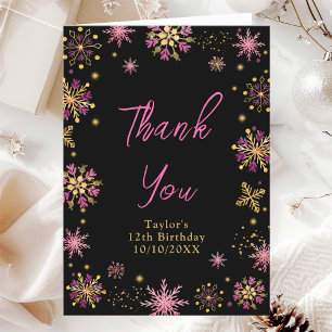 Gold and Pink Snowflakes Birthday Party Thank You Card