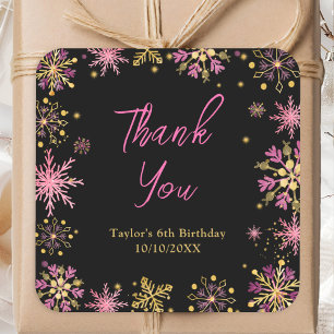 Gold and Pink Snowflakes Birthday Thank You Square Sticker