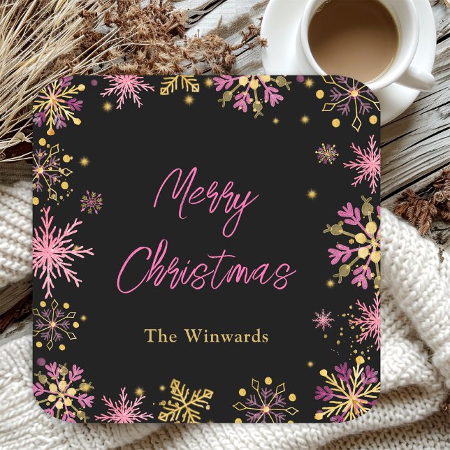 Gold and Pink Snowflakes Christmas Party Square Paper Coaster (Creator Uploaded)