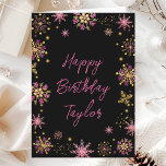 Gold and Pink Snowflakes Happy Birthday Card<br><div class="desc">This elegant and glamourous watercolor birthday card can be personalised with a name or title, such as mum, daughter, granddaughter, niece, friend etc. It features watercolor pink and gold faux glitter snowflakes and sparkles on a black background. The text combines handwritten script and modern sans serif fonts for a classy...</div>