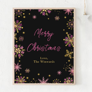 Gold and Pink Snowflakes Merry Christmas Poster