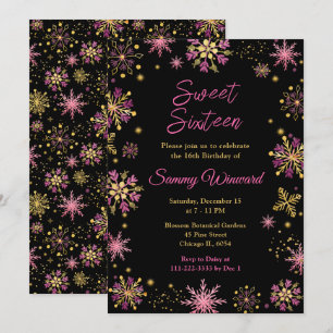 Gold and Pink Snowflakes Sweet Sixteen Invitation