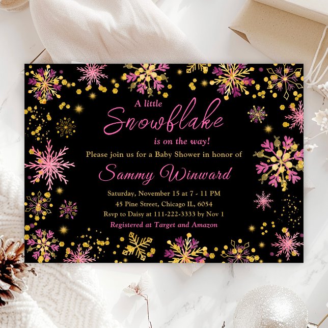 Gold and Pink Snowflakes Winter Baby Shower Invitation (Creator Uploaded)