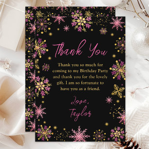 Gold and Pink Snowflakes Winter Birthday Party Thank You Card