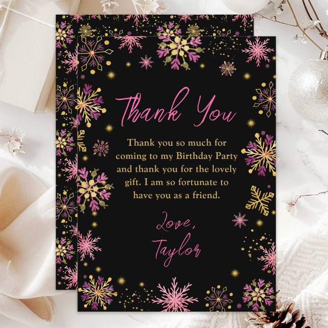 Gold and Pink Snowflakes Winter Birthday Party Thank You Card (Creator Uploaded)
