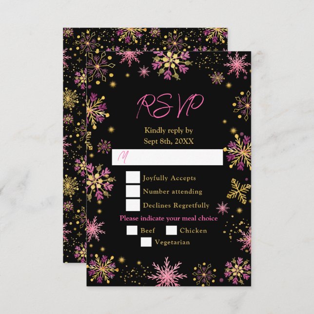Gold and Pink Snowflakes Winter Meal Choice RSVP Card (Front/Back)
