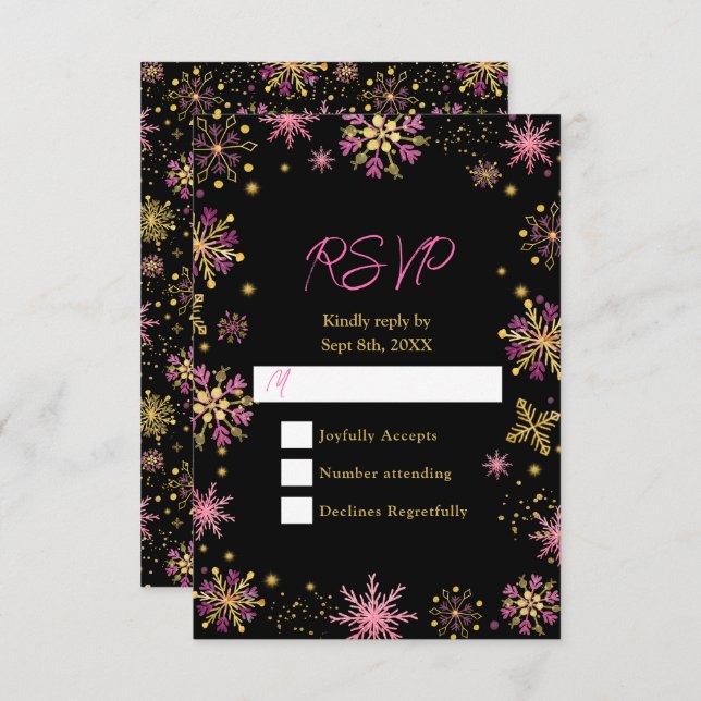 Gold and Pink Snowflakes Winter RSVP Card (Front/Back)