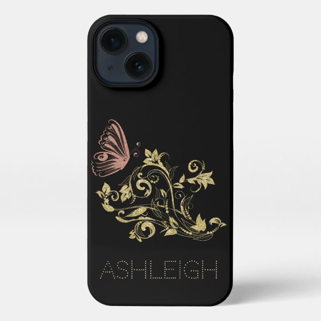 Gold and Pink Sparkle Butterfly Personalised iPhone Case (Back)