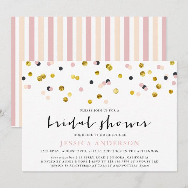Gold and Pink Sprinkles Bridal Shower Party Invitation (Front/Back)