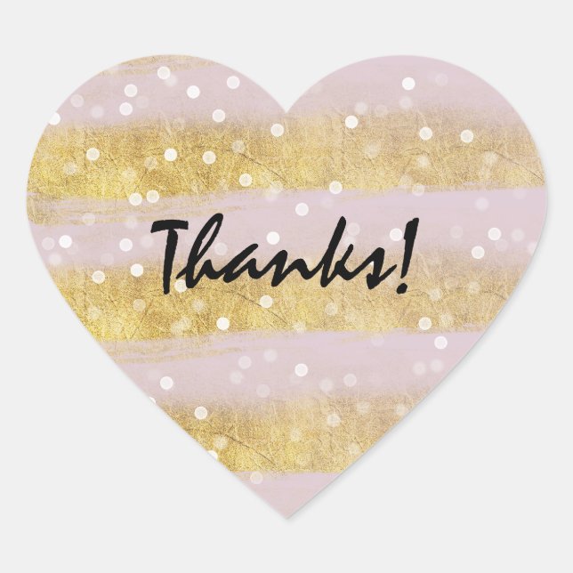 Gold and Pink Stripes Bokeh Confetti Thanks Heart Sticker (Front)