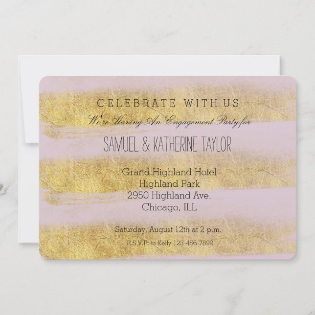 Gold and Pink Stripes Engagement Invitation (Front)