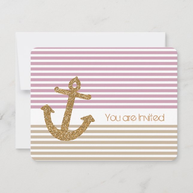 Gold and Pink Stripes Nautical Baby Shower Invitation (Front)