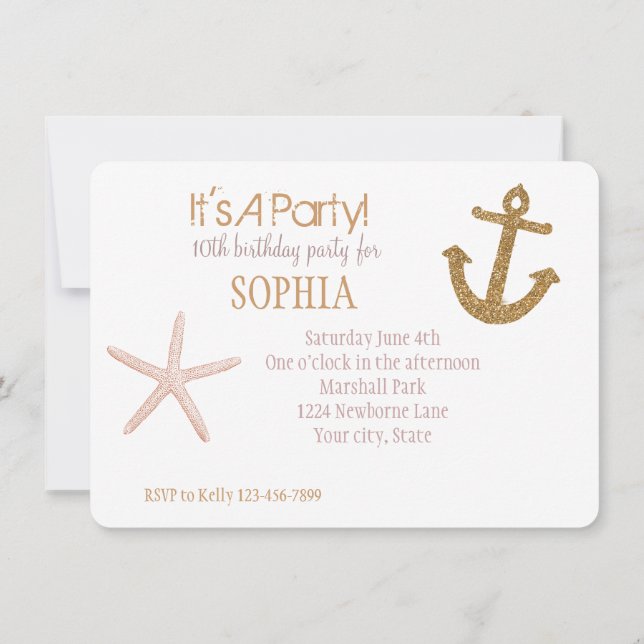 Gold and Pink Stripes Nautical Birthday Invitation (Back)