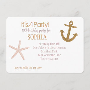 Gold and Pink Stripes Nautical Birthday Invitation