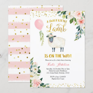 Gold and Pink Sweet Little Lamb Baby Shower Invitation