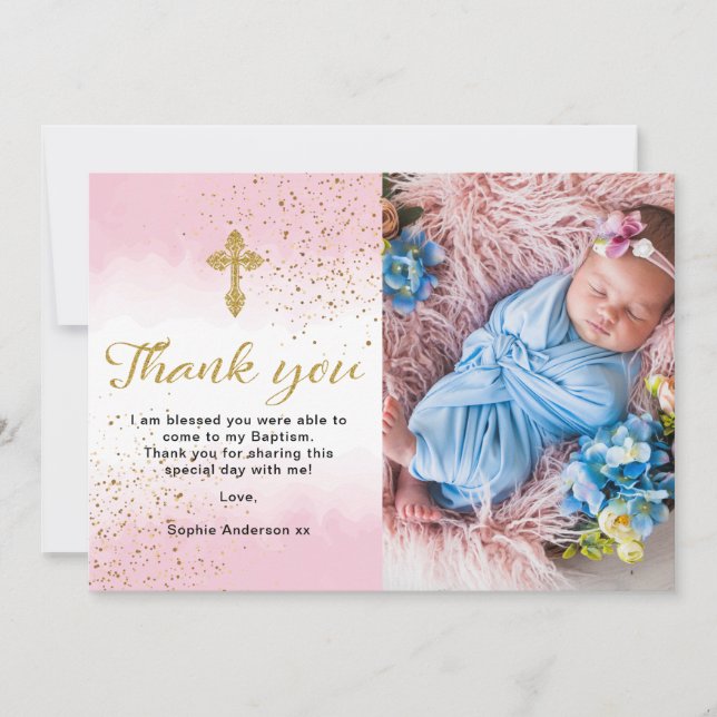Gold And Pink Watercolor Baptism Thank You Card (Front)