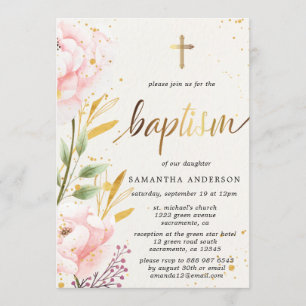 Gold And Pink Watercolor Girl Baptism Invitation