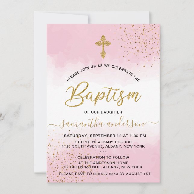 Gold And Pink  Watercolor Girl Baptism Invitation (Front)