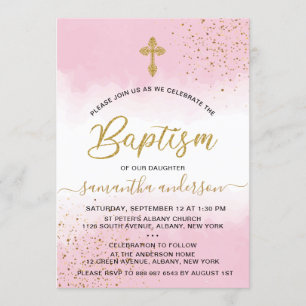 Gold And Pink Watercolor Girl Baptism Invitation