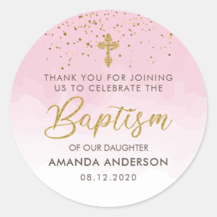 Gold And Pink Watercolor Girl Baptism Thank You Classic Round Sticker