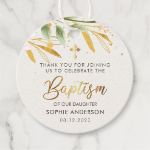 Gold And Pink Watercolor Girl Baptism Thank You Favour Tags