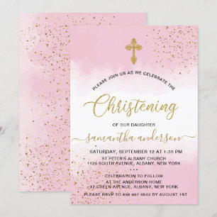 Gold And Pink Watercolor Girl Christening Invitation