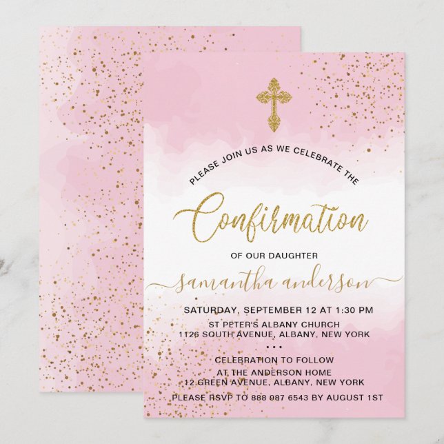 Gold And Pink  Watercolor Girl Confirmation Invitation (Front/Back)
