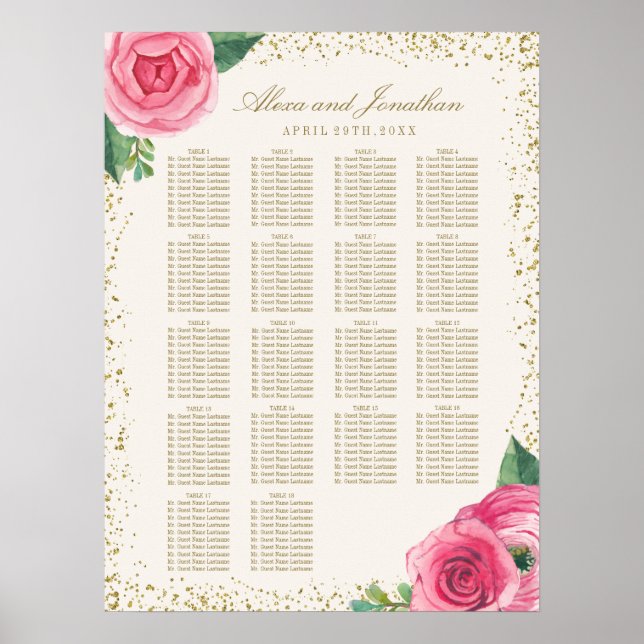 Gold and Pink Watercolour Roses Seating Chart (Front)