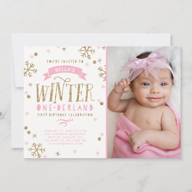 Gold and Pink Winter Onederland 1st Birthday Photo Invitation (Front)