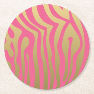 Gold and Pink Zebra Stripes Pattern Round Paper Coaster