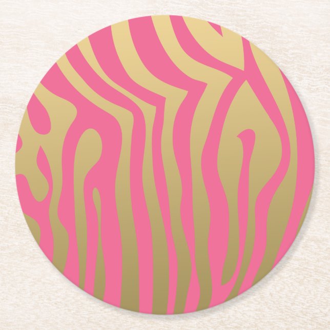 Gold and Pink Zebra Stripes Pattern Round Paper Coaster (Front)
