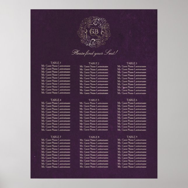 Gold and Plum Floral Wreath Wedding Seating Chart (Front)
