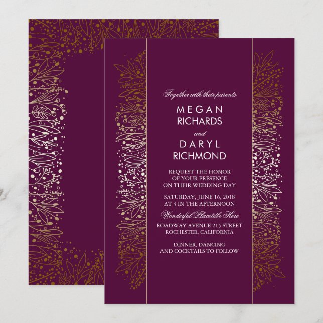 Gold and Plum Vintage Baby's Breath Wedding Invitation (Front/Back)