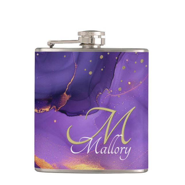 Gold and Purple Agate 💜✨Elegant Script Monogram  Hip Flask (Front)